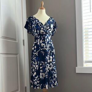 Lauren Ralph Lauren Blue White V-Neck Flutter Sleeve Midi Dress